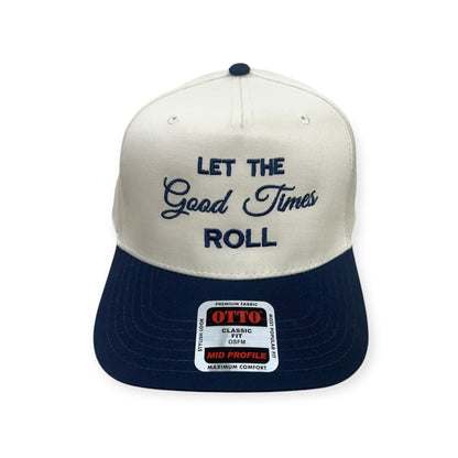 Front view of Let the Good Times Roll embroidered cap by Horizon Hat Co. in natural/navy showing let the good times roll front embroidery