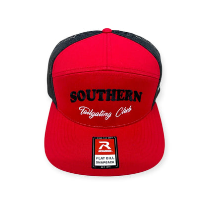 Front view of Southern Tailgating Club embroidered cap by Horizon Hat Co. in red/black showing southern tailgating club front embroidery