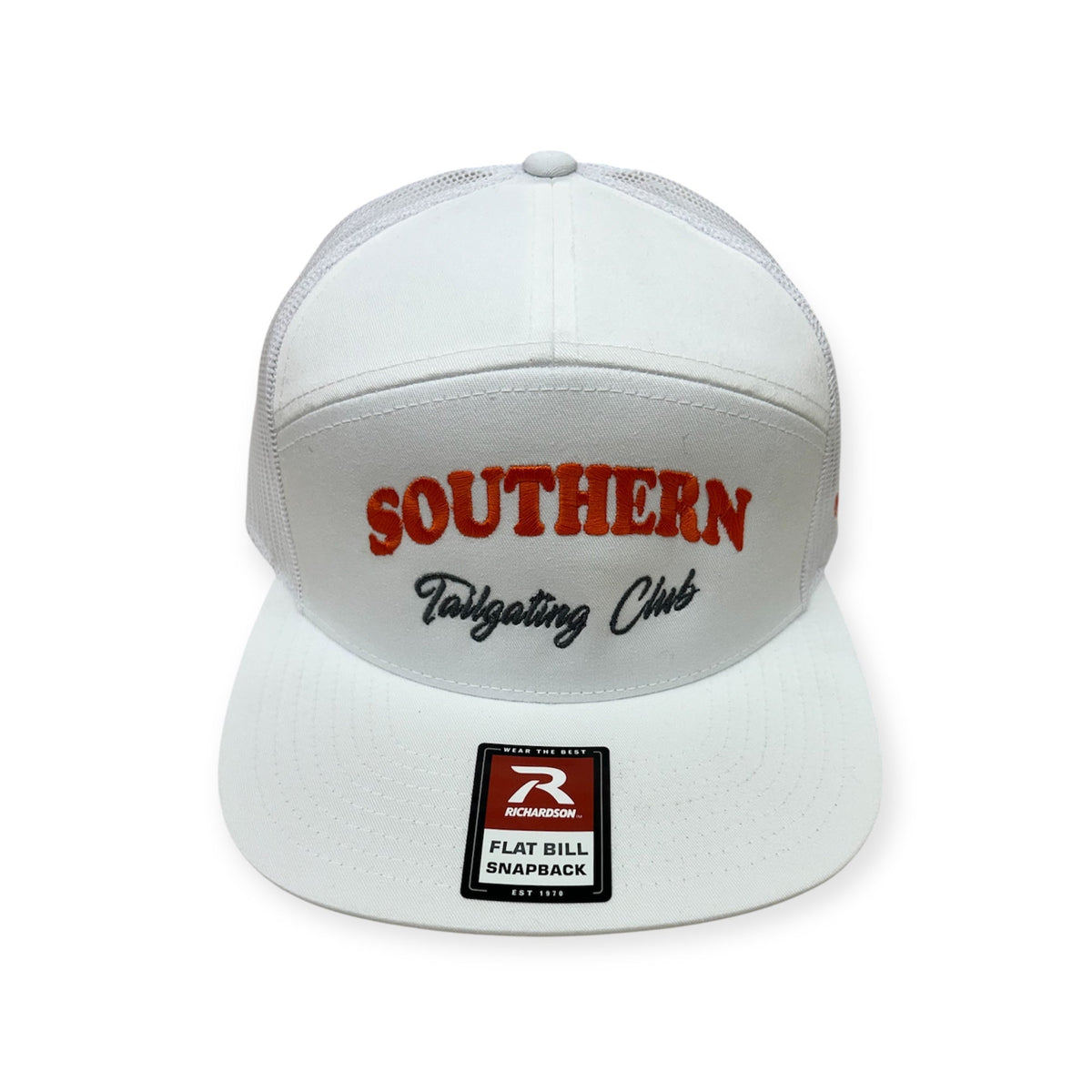 Front view of Southern Tailgating Club embroidered cap by Horizon Hat Co. in white/orange showing southern tailgating club front embroidery