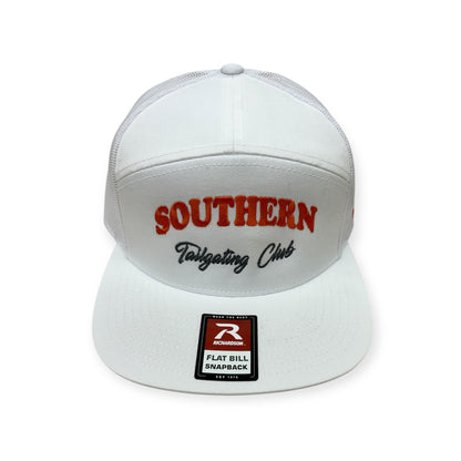 Front view of Southern Tailgating Club embroidered cap by Horizon Hat Co. in white/orange showing southern tailgating club front embroidery