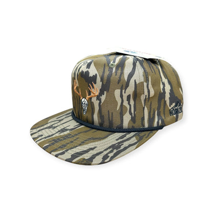 Angled view of Euro Deer embroidered cap by Horizon Hat Co. in bottomland showing the rope detail and side profile