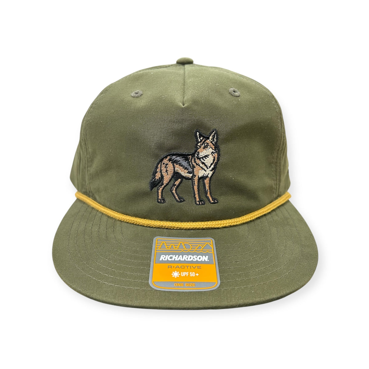 Front view of Coyote embroidered cap by Horizon Hat Co. in loden showing embroidered coyote artwork and rope detail