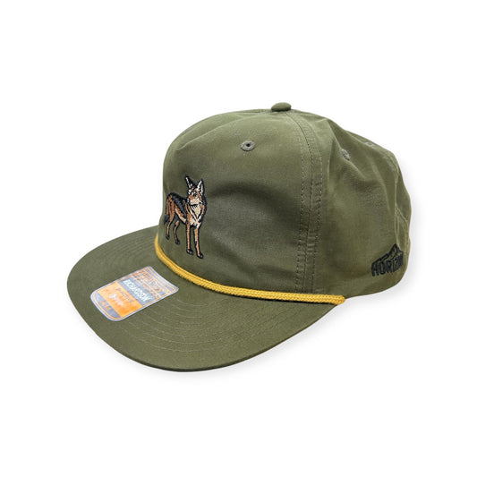 Angled view of Coyote embroidered cap by Horizon Hat Co. in loden showing the rope detail and side profile