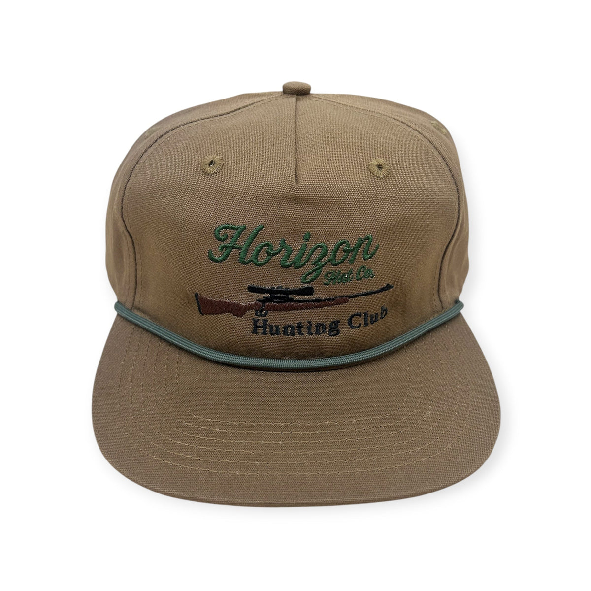 Front view of Horizon Hunting Club embroidered cap by Horizon Hat Co. in bacco showing horizon hunting club lettering and rifle embroidery