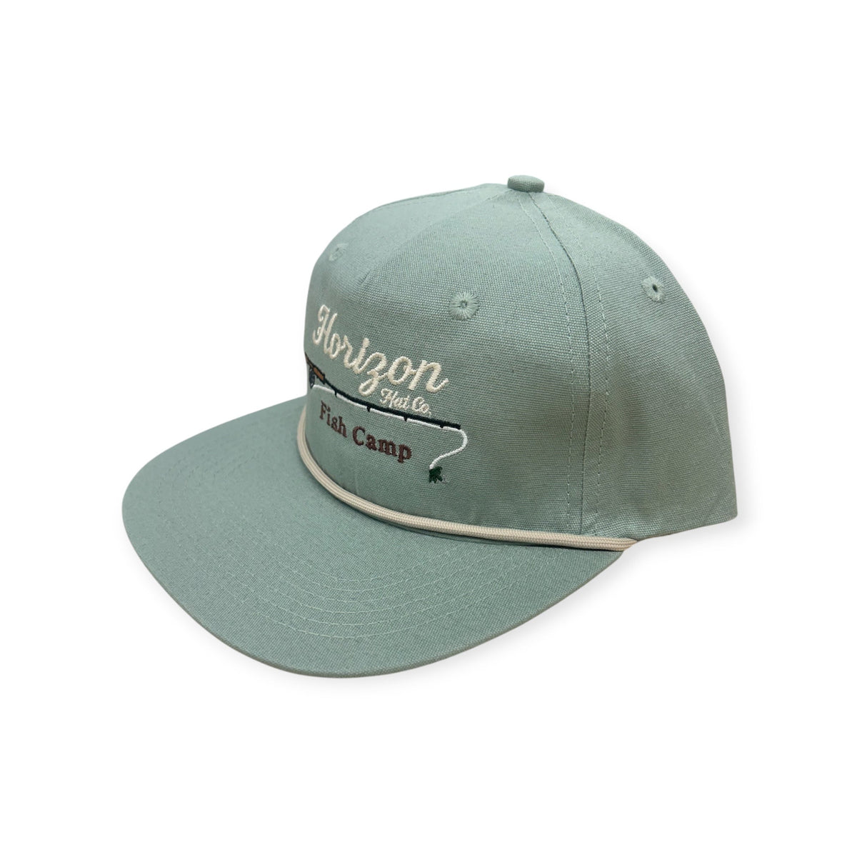 Angled view of Horizon Fish Camp embroidered cap by Horizon Hat Co. in barnacle showing the rope detail and side profile