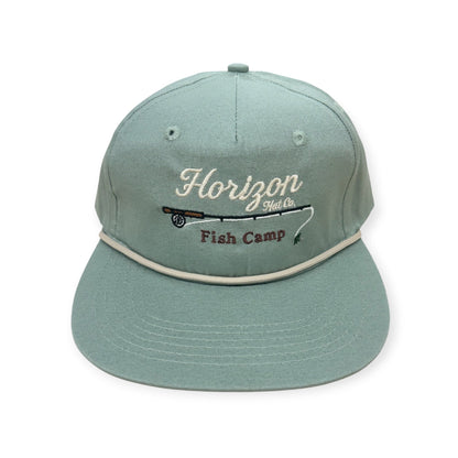 Front view of Horizon Fish Camp embroidered cap by Horizon Hat Co. in barnacle showing horizon fish camp embroidery with jumping fish artwork