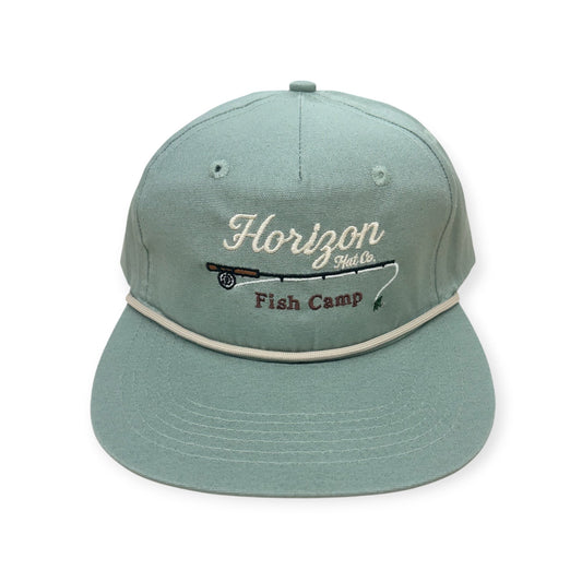 Front view of Horizon Fish Camp embroidered cap by Horizon Hat Co. in barnacle showing horizon fish camp embroidery with jumping fish artwork