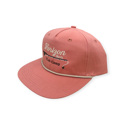 Angled view of Horizon Fish Camp embroidered cap by Horizon Hat Co. in cutthroat showing the rope detail and side profile
