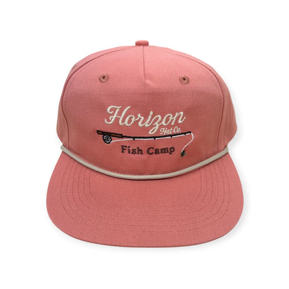 Front view of Horizon Fish Camp embroidered cap by Horizon Hat Co. in cutthroat showing horizon fish camp embroidery with jumping fish artwork