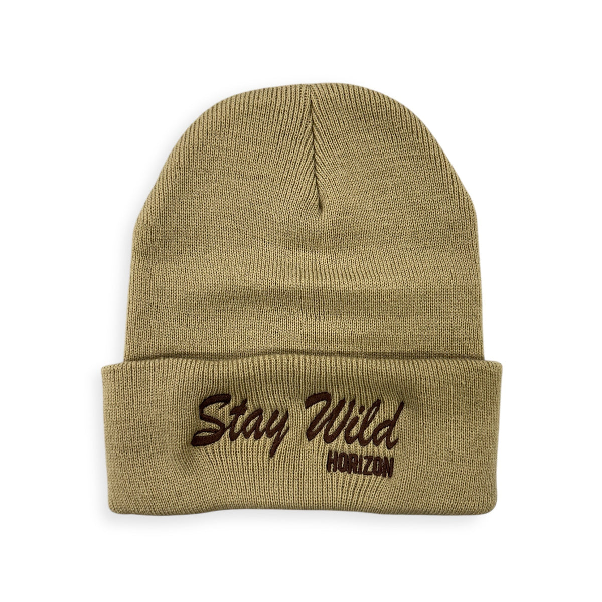 Stay Wild knit beanie by Horizon Hat Co. in tan showing the stitched lettering