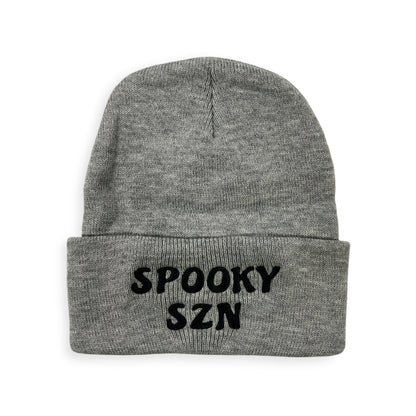 Spooky Szn knit beanie by Horizon Hat Co. in gray/black cuffed showing the stitched lettering