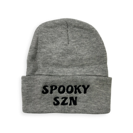 Spooky Szn knit beanie by Horizon Hat Co. in gray/black cuffed showing the stitched lettering