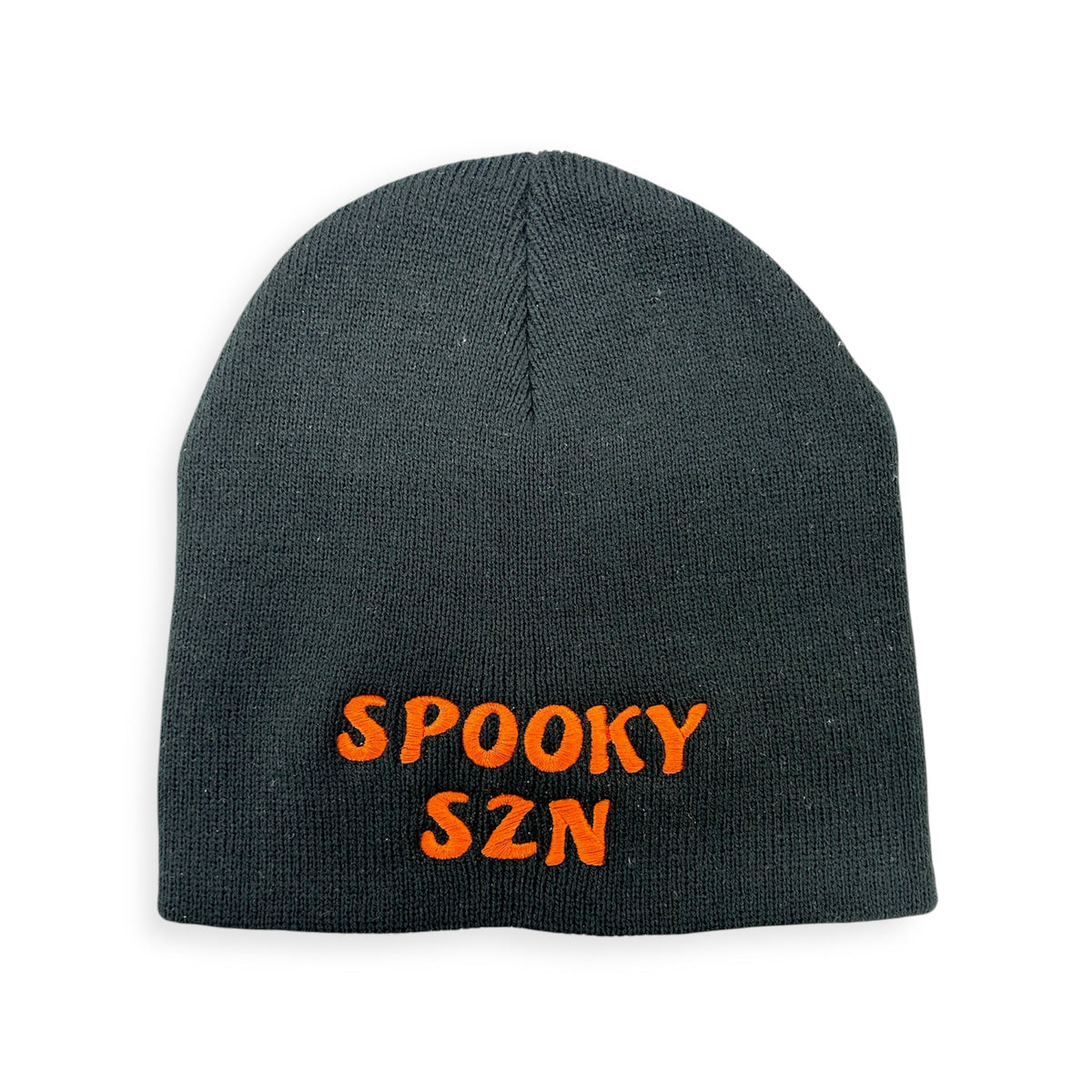 Spooky Szn knit beanie by Horizon Hat Co. in black/orange showing the stitched lettering