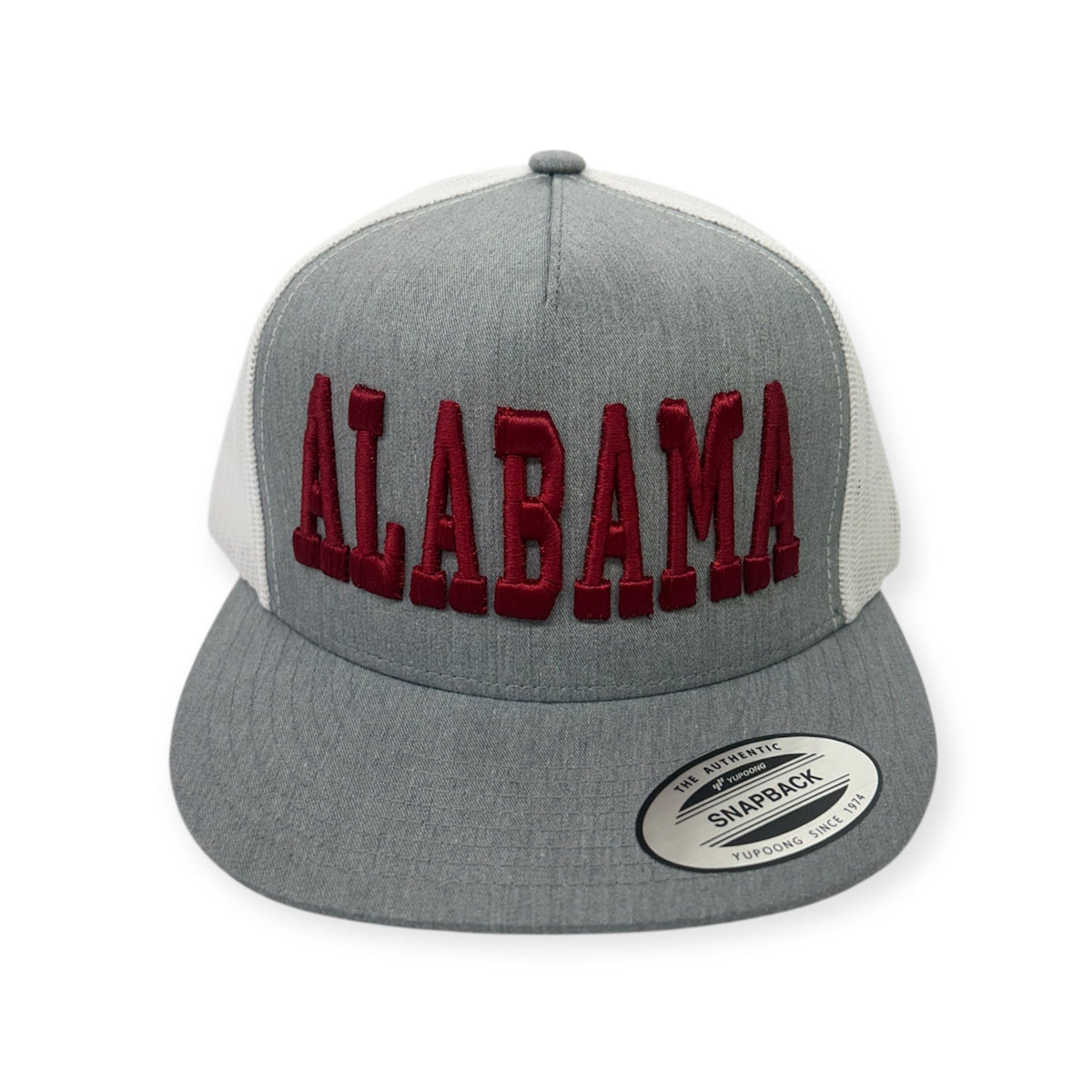 Front view of ALABAMA embroidered cap by Horizon Hat Co. in heather gray/white showing crimson alabama embroidery