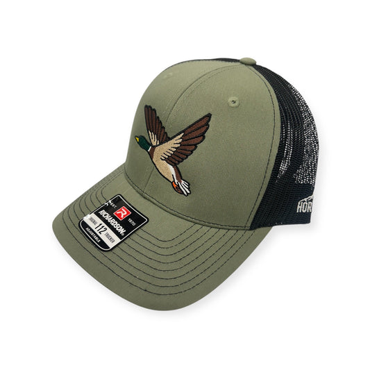 Angled view of Flying Duck embroidered cap by Horizon Hat Co. in loden/black showing the curved bill and side panels