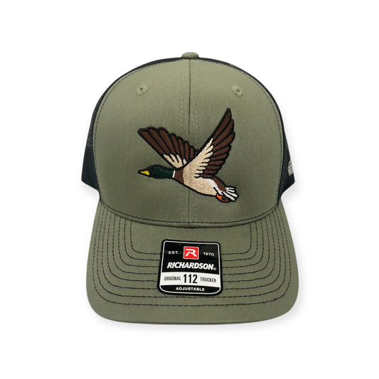 Front view of Flying Duck embroidered cap by Horizon Hat Co. in loden/black showing flying mallard embroidery with detailed wings and green head