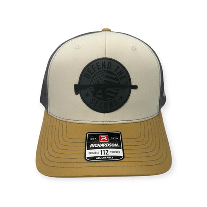 Front view of Defend the 2nd Flag patch hat by Horizon Hat Co. in mink/charcoal/amber showing gun graphic with an american flag and defend the second lettering