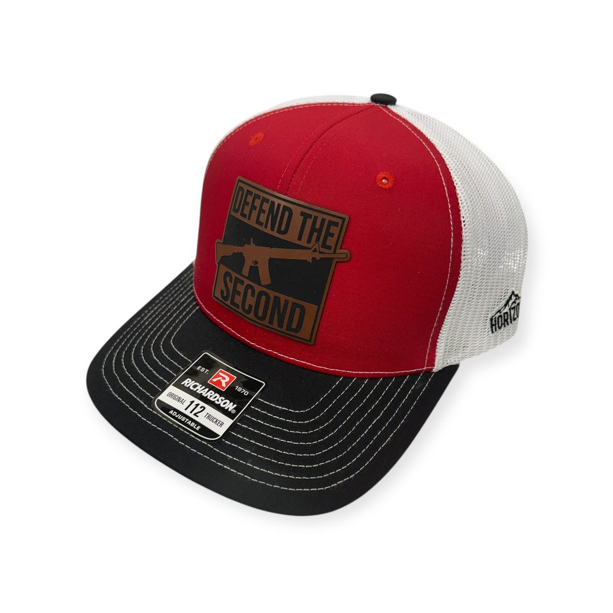 Angled view of Defend the 2nd patch hat by Horizon Hat Co. in red/white/black showing the bill and side panels