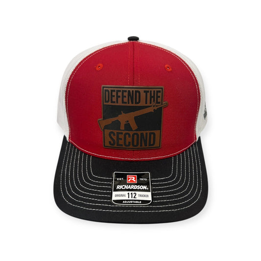 Front view of Defend the 2nd patch hat by Horizon Hat Co. in red/white/black showing gun graphic with defend the second lettering