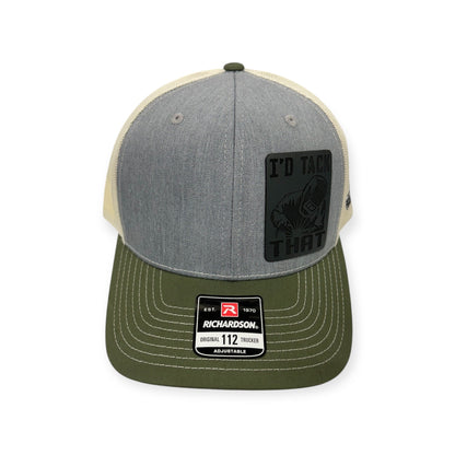 Front view of I'd Tack That patch hat by Horizon Hat Co. in heather grey/birch/army olive showing welding-themed i'd tack that patch