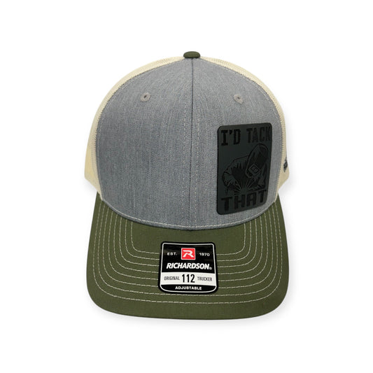 Front view of I'd Tack That patch hat by Horizon Hat Co. in heather grey/birch/army olive showing welding-themed i'd tack that patch