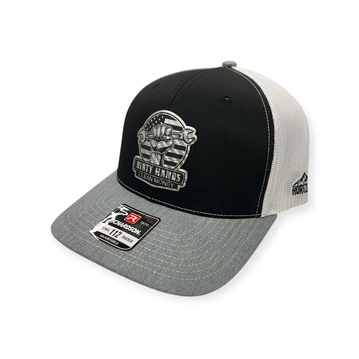 Angled view of Dirty Hands, Clean Money patch hat by Horizon Hat Co. in black/heather gray/white showing the curved bill and side panels