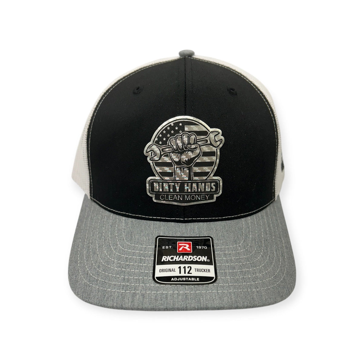 Front view of Dirty Hands, Clean Money patch hat by Horizon Hat Co. in black/heather gray/white showing blue-collar skull and dirty hands, clean money patch