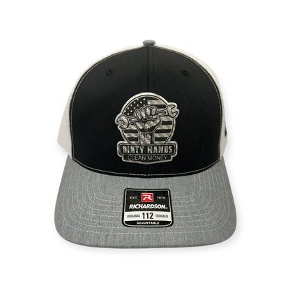 Front view of Dirty Hands, Clean Money patch hat by Horizon Hat Co. in black/heather gray/white showing blue-collar skull and dirty hands, clean money patch