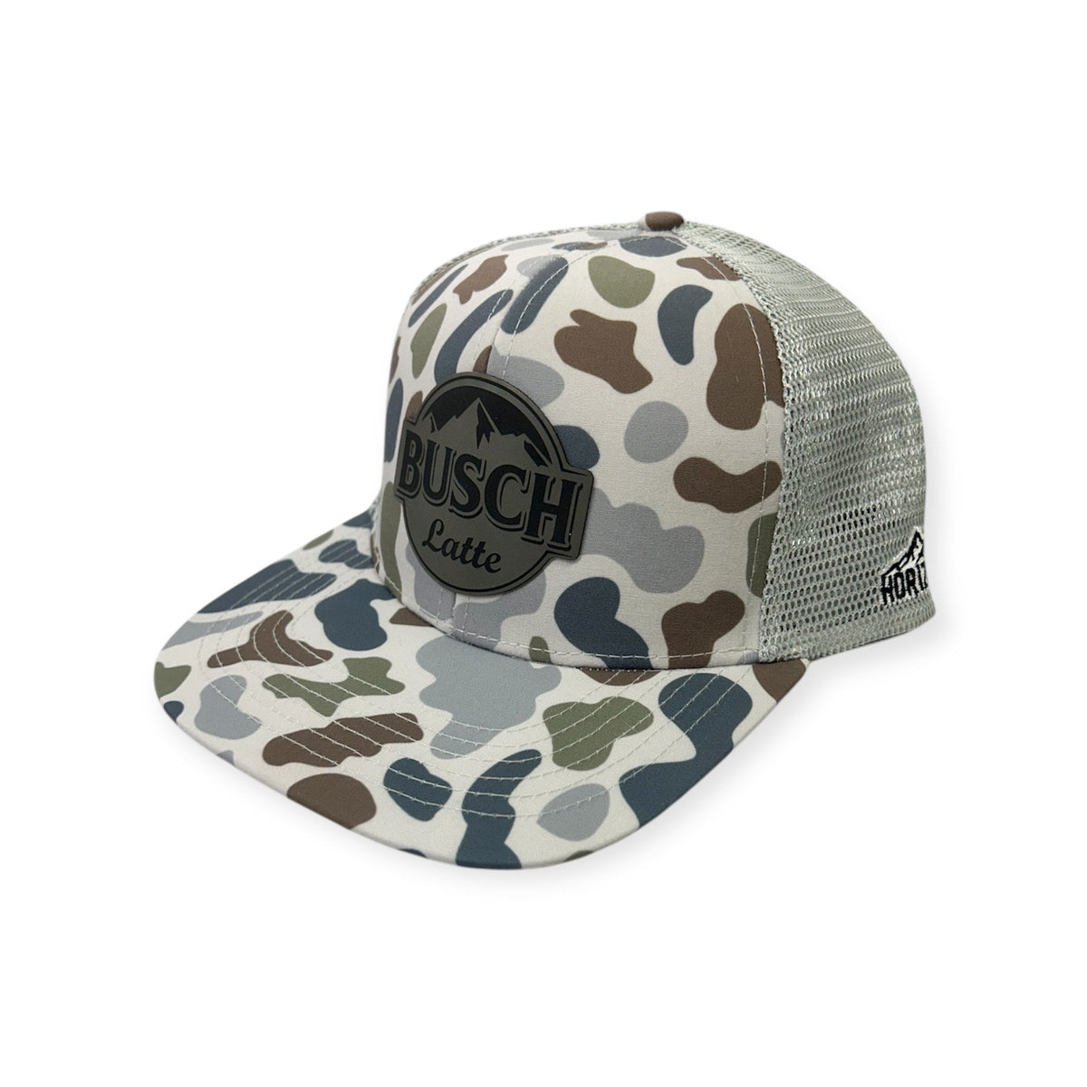 Angled view of Busch Latte cap by Horizon Hat Co. in Brackish/Smoke showing busch latte front patch