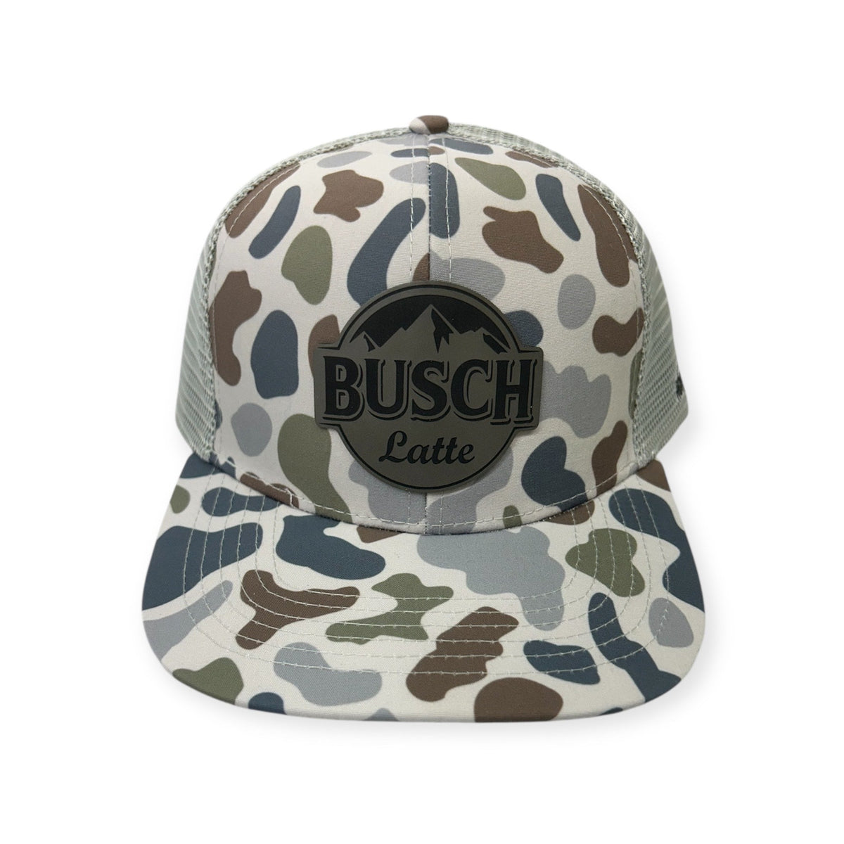 Front view of Busch Latte cap by Horizon Hat Co. in Brackish/Smoke showing busch latte front patch