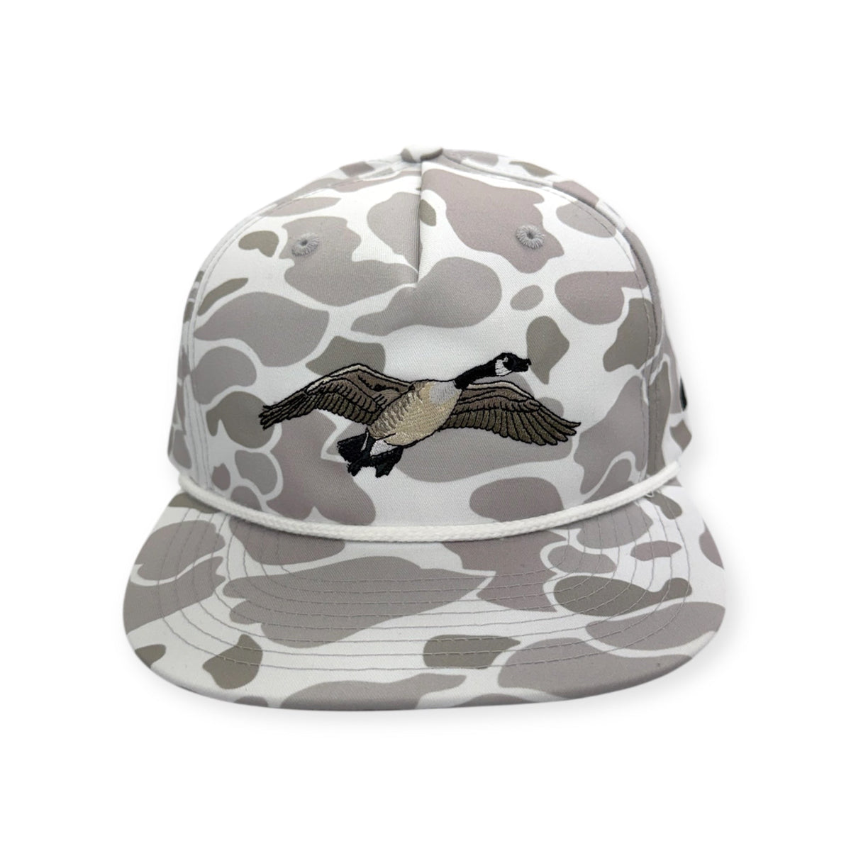 Front view of Canada Goose embroidered cap by Horizon Hat Co. in blizzard duck camo showing canada goose in flight embroidery