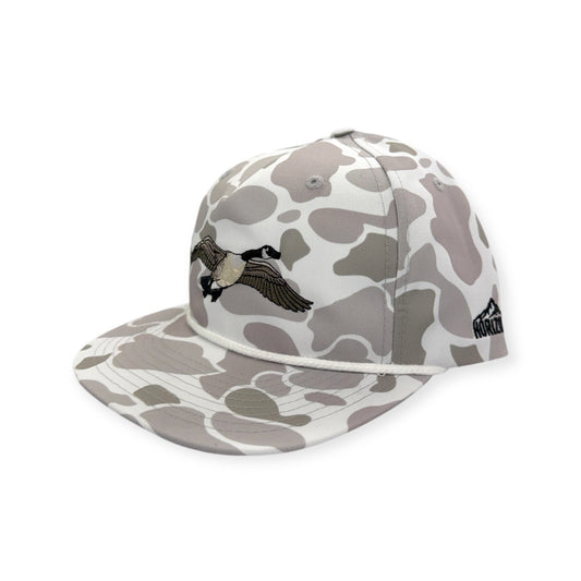 Angled view of Canada Goose embroidered cap by Horizon Hat Co. in blizzard duck camo showing the rope detail and side profile