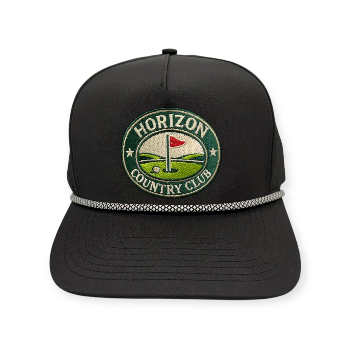 Front view of Horizon Country Club patch hat by Horizon Hat Co. in black showing round horizon country club golf design and rope detail