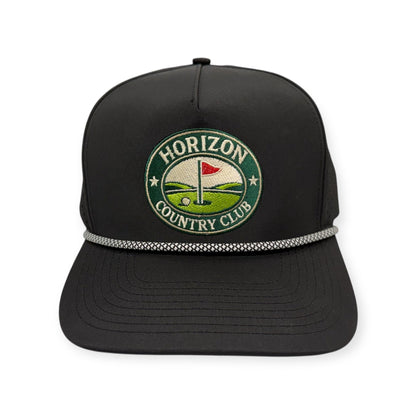 Front view of Horizon Country Club patch hat by Horizon Hat Co. in black showing round horizon country club golf design and rope detail