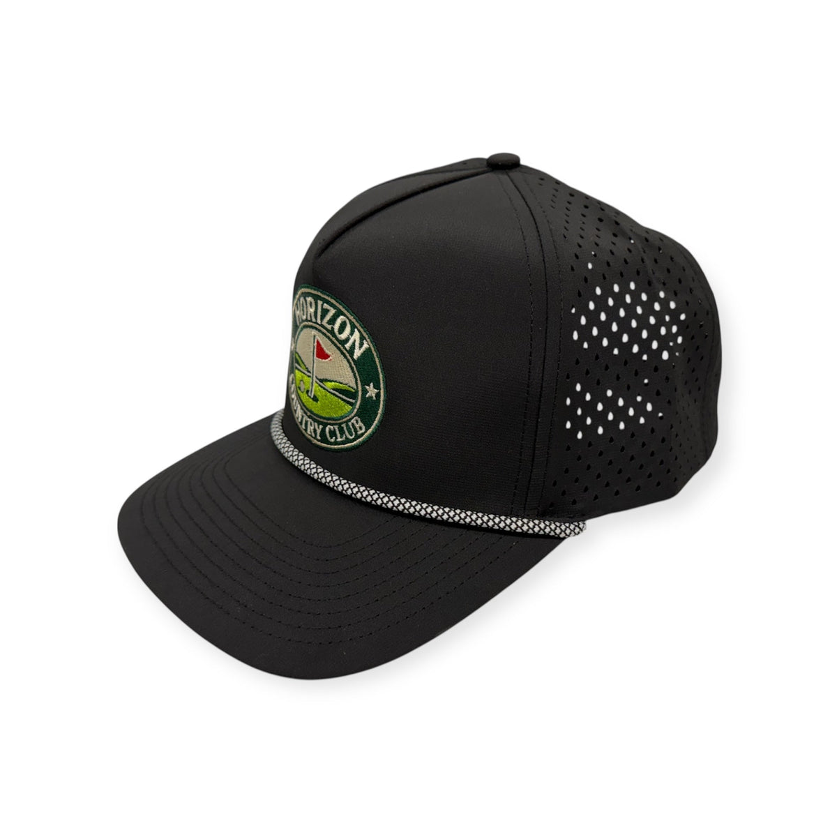 Angled view of Horizon Country Club patch hat by Horizon Hat Co. in black showing the perforated side panels