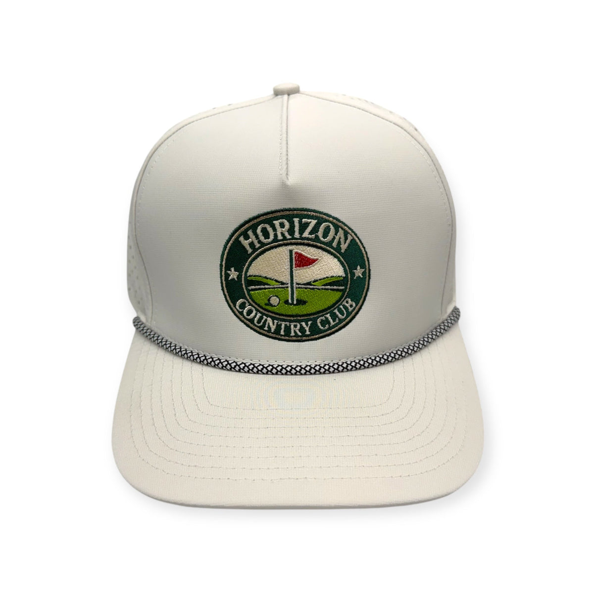 Front view of Horizon Country Club patch hat by Horizon Hat Co. in off white showing round horizon country club golf design and rope detail