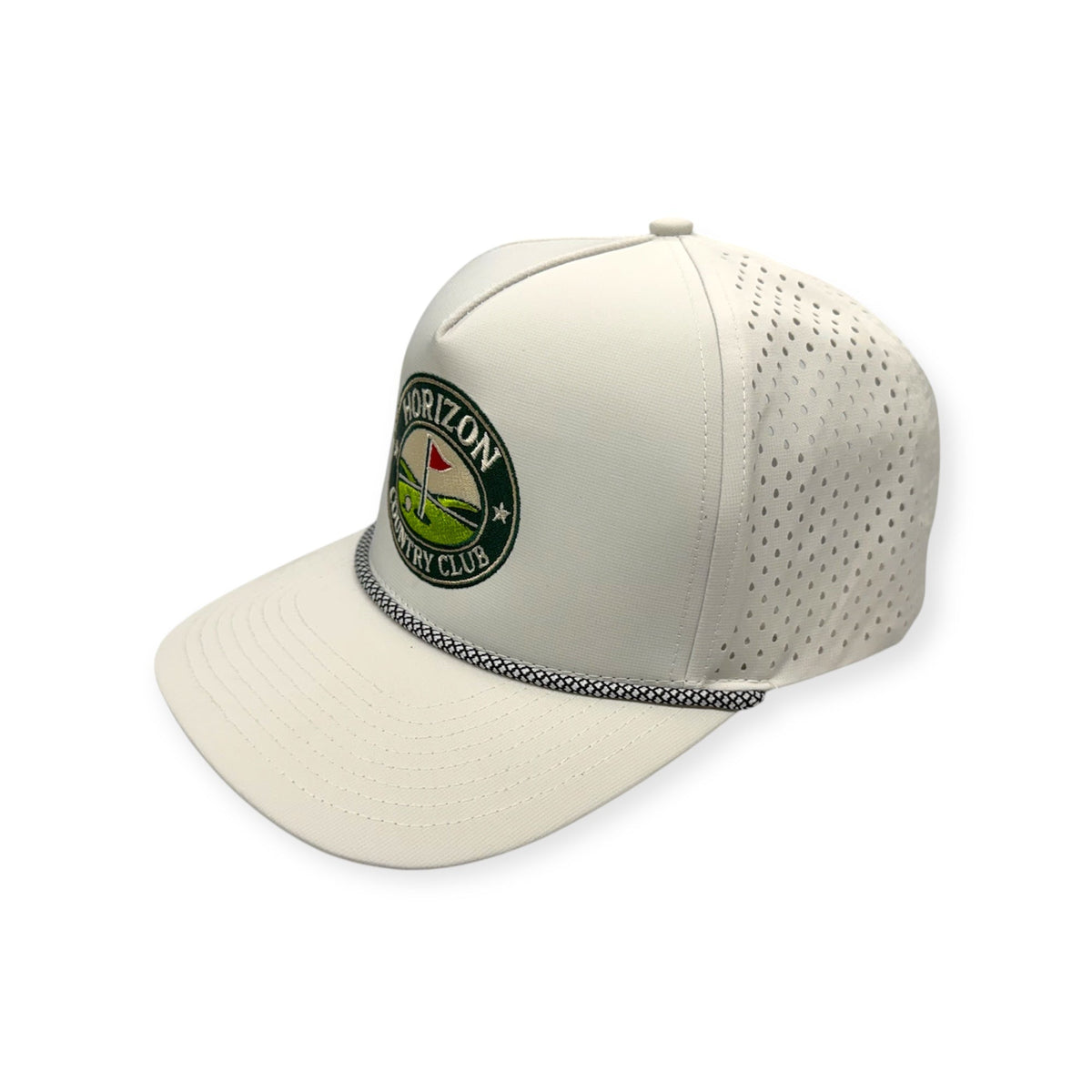 Angled view of Horizon Country Club patch hat by Horizon Hat Co. in off white showing the perforated side panels
