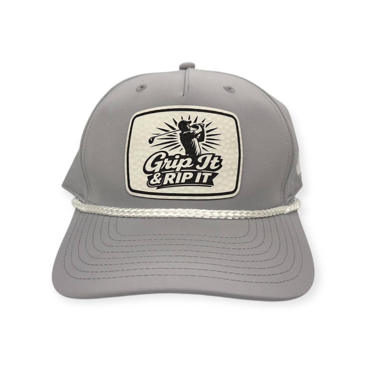 Front view of Grip It & Rip It patch hat by Horizon Hat Co. in light gray/white showing golf slogan on a golf-ball-textured patch