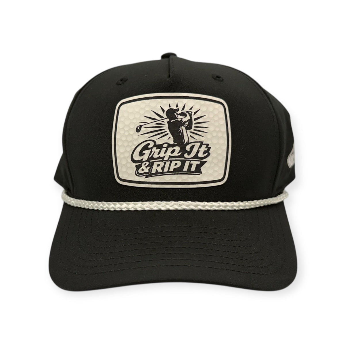 Front view of Grip It & Rip It patch hat by Horizon Hat Co. in black/white showing golf slogan on a golf-ball-textured patch