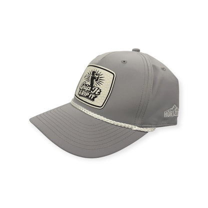 Angled view of Grip It & Rip It patch hat by Horizon Hat Co. in light gray/white showing the rope detail and curved bill