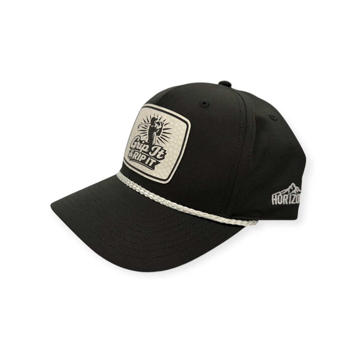 Angled view of Grip It & Rip It patch hat by Horizon Hat Co. in black/white showing the rope detail and curved bill