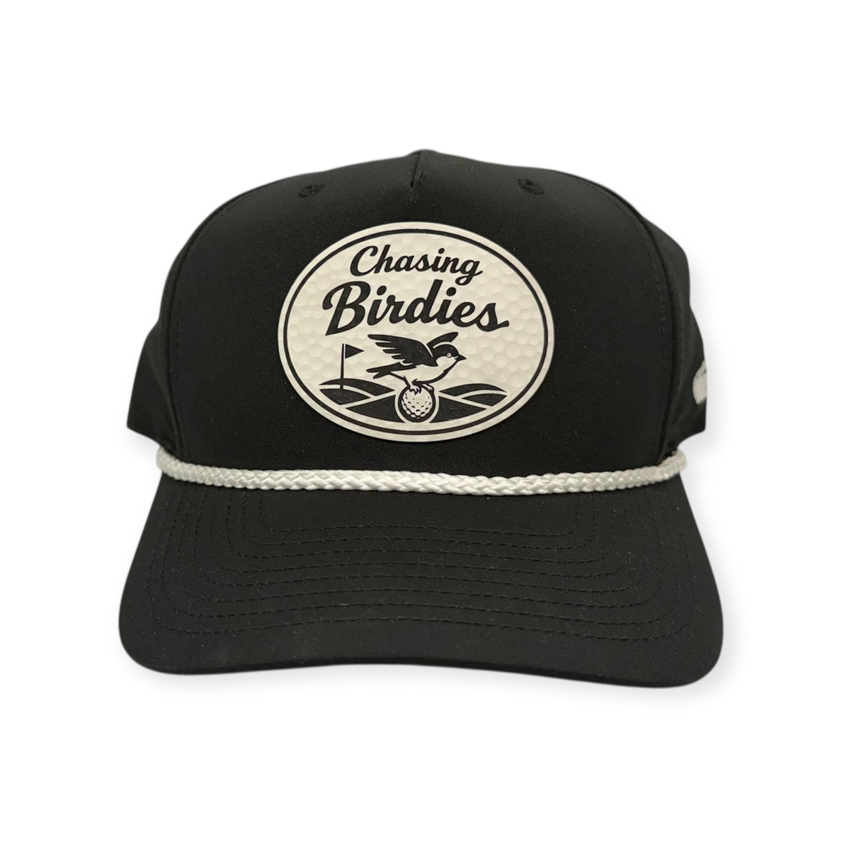 Front view of Chasing Birdies patch hat by Horizon Hat Co. in black/white showing birdie-themed golf patch with a golf-ball-textured surface