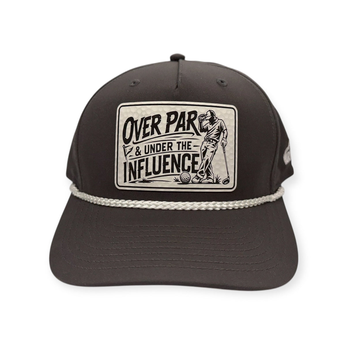 Front view of Over Par & Under the Influence patch hat by Horizon Hat Co. in dark gray/white showing golf-humor patch with a golf-ball-textured surface