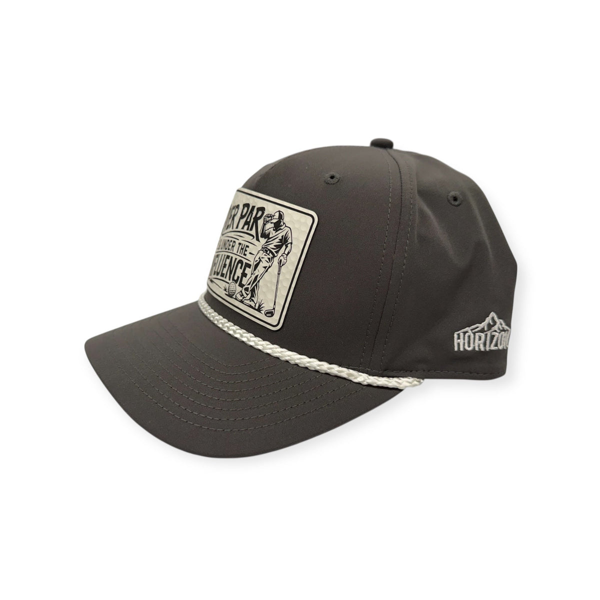 Angled view of Over Par & Under the Influence patch hat by Horizon Hat Co. in dark gray/white showing the rope detail and curved bill