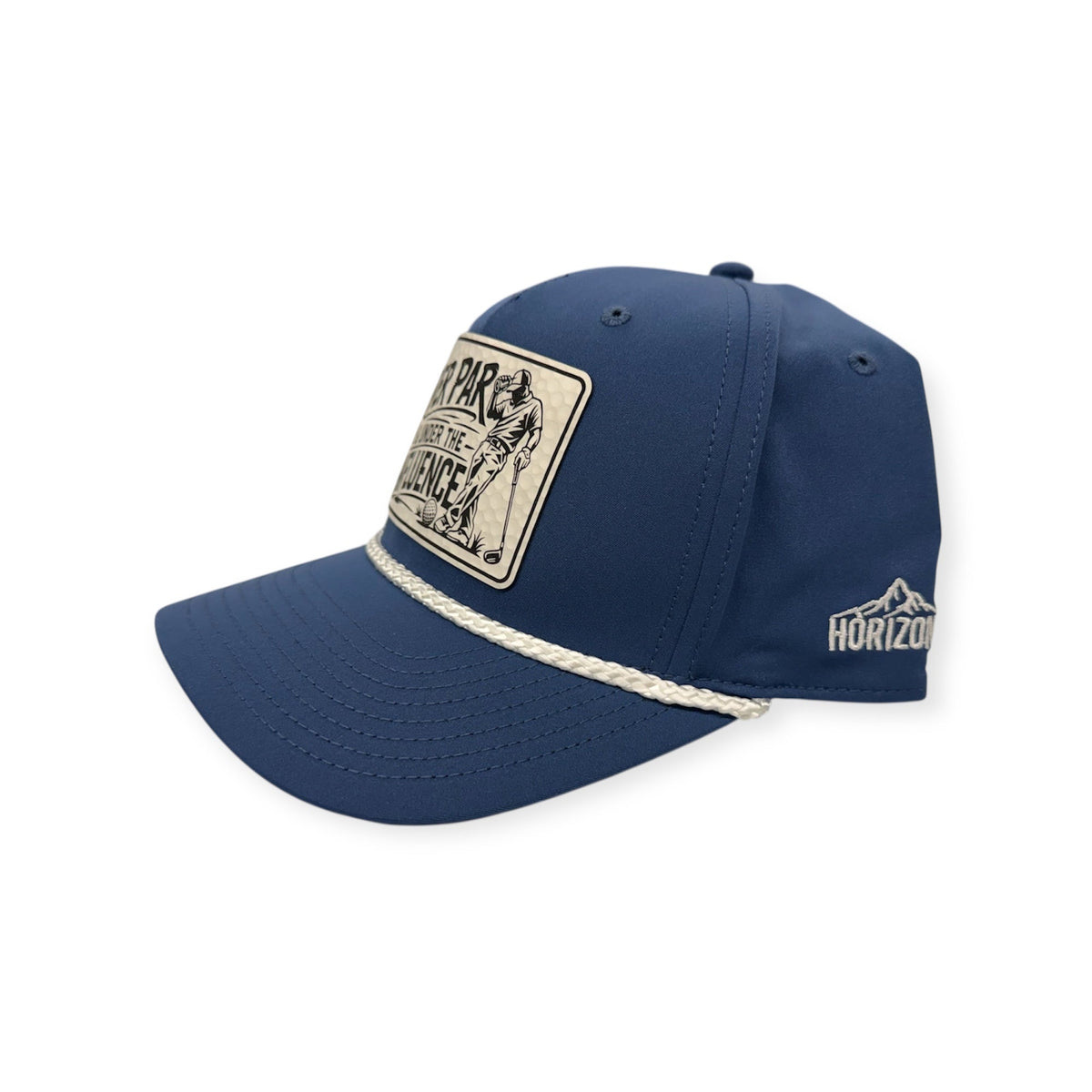 Angled view of Over Par & Under the Influence patch hat by Horizon Hat Co. in light blue/white showing the rope detail and curved bill