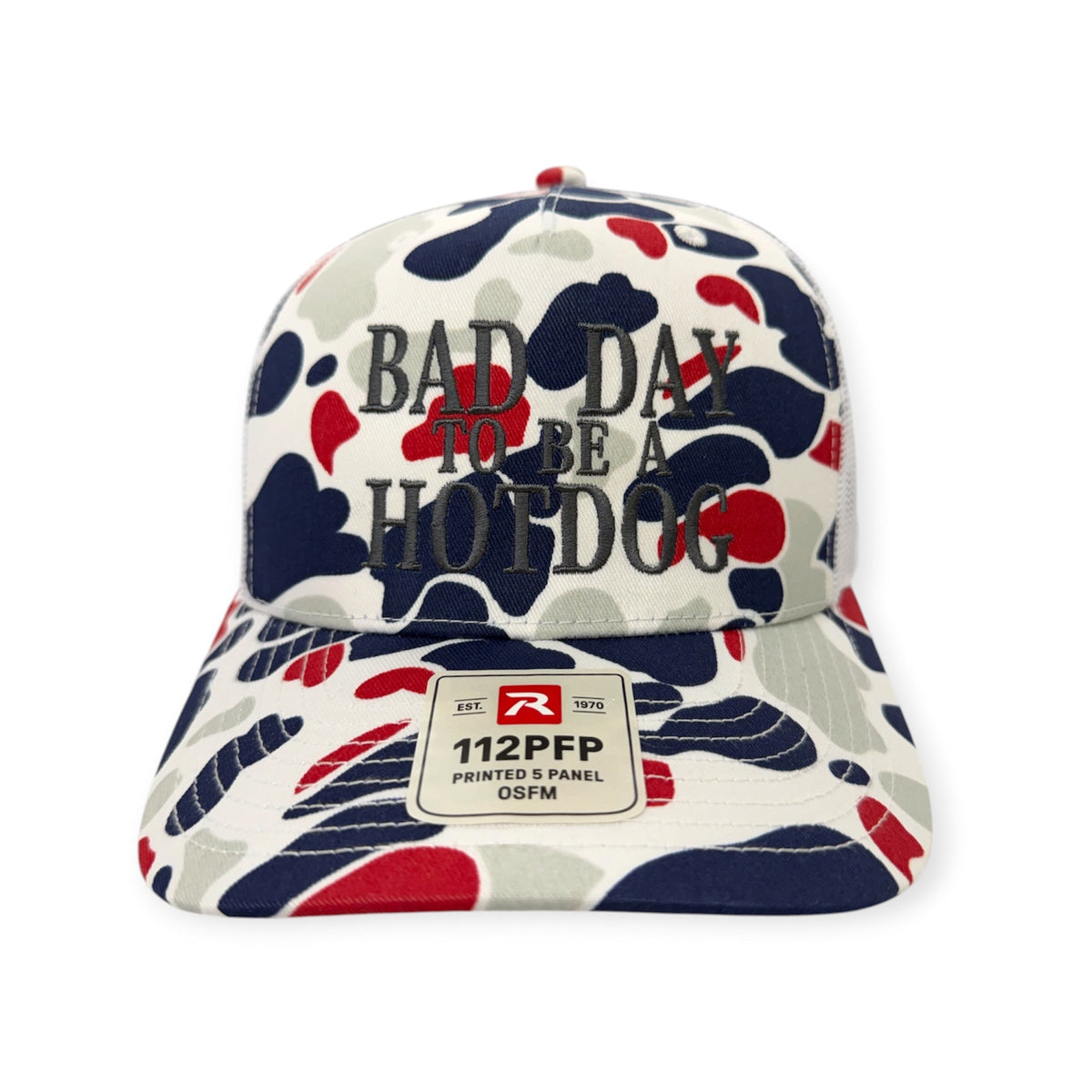 Front view of Bad Day To Be A Hotdog patch hat by Horizon Hat Co. in americana duck camo showing bad day to be a hotdog embroidered wording