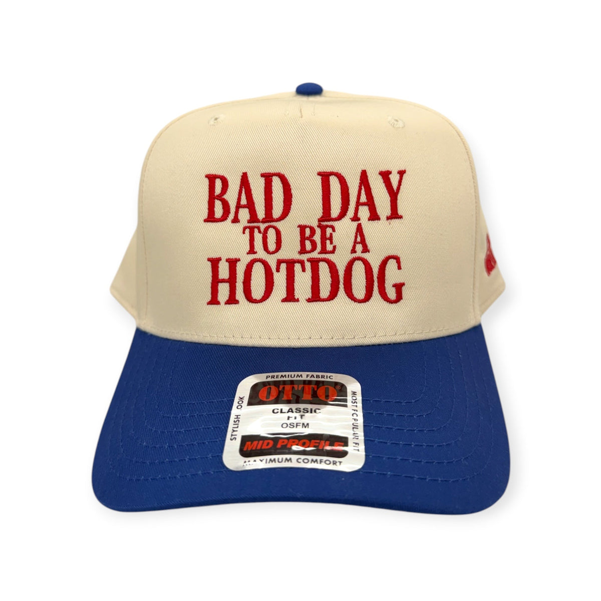 Front view of Bad Day To Be A Hotdog patch hat by Horizon Hat Co. in natural/blue showing bad day to be a hotdog embroidered wording