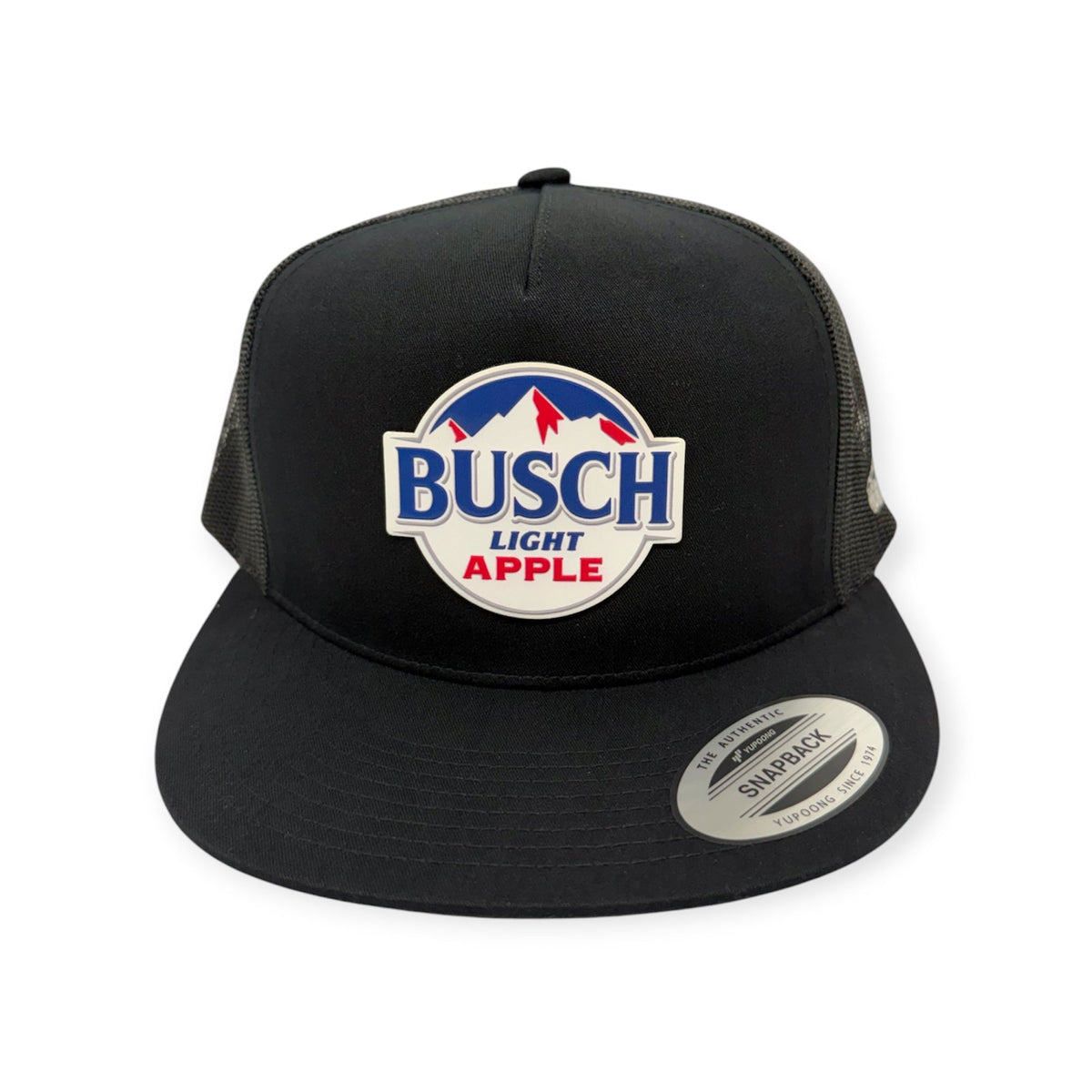 Front view of Busch Apple Bapple cap by Horizon Hat Co. in Black Flat Bill with UV-printed patch showing busch apple bapple artwork, embroidered or uv-printed patch depending on the selected style