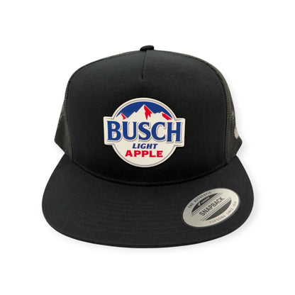 Front view of Busch Apple Bapple cap by Horizon Hat Co. in Black Flat Bill with UV-printed patch showing busch apple bapple artwork, embroidered or uv-printed patch depending on the selected style