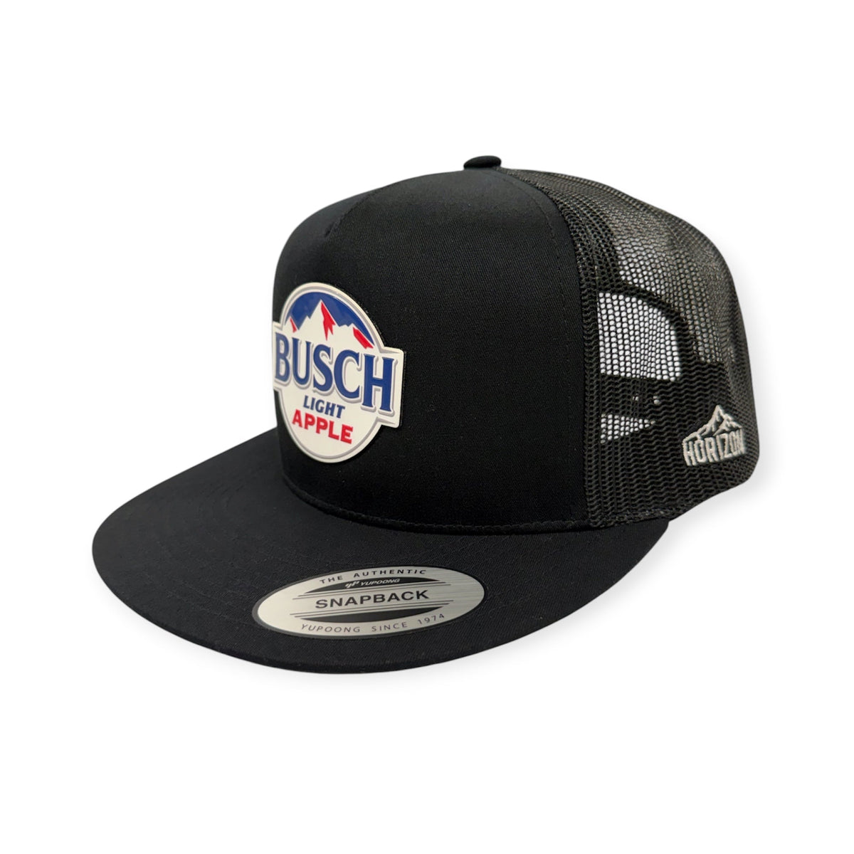 Angled view of Busch Apple Bapple cap by Horizon Hat Co. in Black Flat Bill with UV-printed patch showing busch apple bapple artwork, embroidered or uv-printed patch depending on the selected style